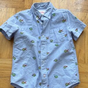 Boy’s Light Blue Short Sleeve Button-Up Shirt with Cartoon Turtle Motif